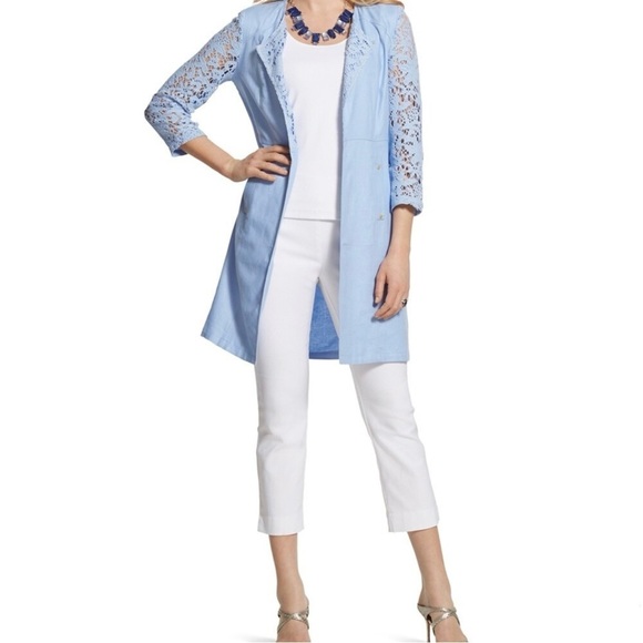 CHICO'S Cardigan Duster Lace details Light blue 2 side pockets Size 12 Like new - Picture 3 of 10